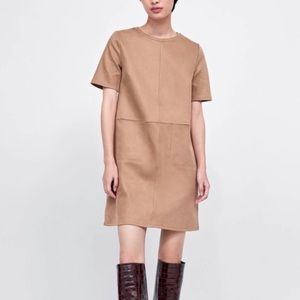 Zara Camel Faux Suede Shift Dress with Pockets